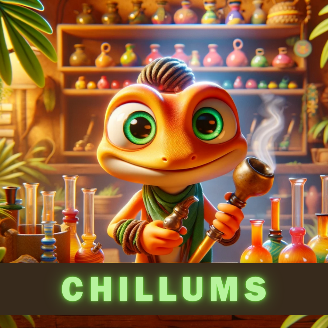 Animiertes 3D-Bild einer liebevollen orange-farbenen Eidechse mit großen, freundlichen grünen Kulleraugen, die als edler Verkäufer in einem psychedelischen Dschungel-Headshop verschiedene hochwertige Chillums anbietet.