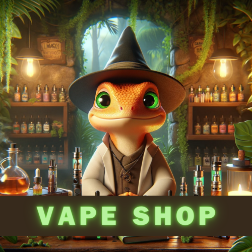 Entdecken Sie unseren einzigartigen Vape Shop, der Sie in eine magische Welt entführt - mit unserem Maskottchen, der niedlichen orange-farbenen Eidechse, die als Alchemist durch unseren Dschungel-Themen Vape Shop führt.